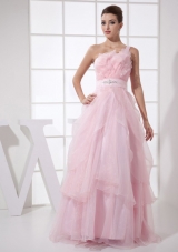 One Shoulder Beading Custom Made Floor-length Pink Organza 2013 Prom Dress