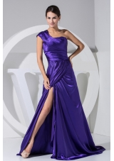 One Shoulder High Slit Purple Taffeta Brush Train 2013 Prom Dress