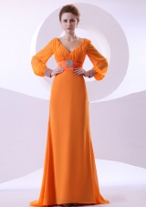 V-neck Beading and Ruching Decorate Bodice Long Sleeves Orange Chiffon Brush Train 2013 Mother of the Bride Dress