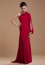 Hand Made Flowers Decorate Bodice Wine Red Chiffon Brush Train 2013 Mother of the Bride Dress