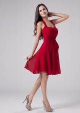 Red Halter Chiffon Knee-length A-Line Prom Dress Party