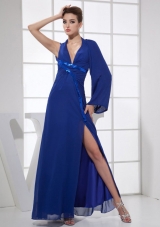 Sequins V-neck Ankle-length Blue Chiffon High Slit 2013 Prom Dress