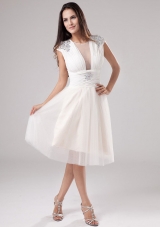 A-Line Scoop Tea-length Tulle Beading 2013 Prom Dress