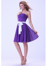 Purple Bridesmaid Dresses With White Sash Chiffon Knee-length