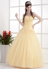 Gold Beautiful Strapless Prom Dress Appliques and Ruch With Floor-length