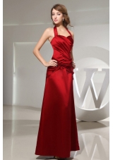 Halter Ruched Ankle-length Wine Red Satin Bridesmaid Dresses Column