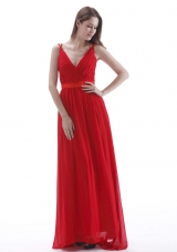 V-neck Red Prom Dress With Ruch Floor-length Chiffon