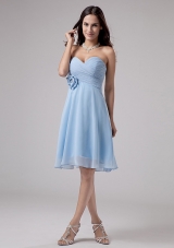 Light Blue Bridesmaid Dresses With Hand Made Flower and Ruching Knee-length Chiffon