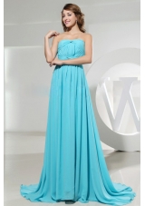 Strapless and Ruch For Elegant Blue Prom Dress With Brush Train