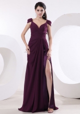 V-neck and High Slit For Sexy Prom Dress With Cap Sleeves