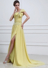 Ligth Yellow Prom / Evening Dress With One Shoulder Beaded High Slit Chiffon Brush Train