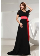Black Prom Dress With Sash Short Sleeves and Brush Train