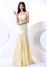 Beading Strapless Floor-length Light Yellow Elastic Woven Satin 2013 Prom Dress
