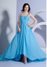 Beading Decorate Bodice Straps Light Blue Empire Brush Train 2013 Prom Dress