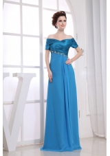 Beading Decorate Bodice Off The Shoulder Blue Chiffon and Taffeta 2013 Prom Dress Floor-length