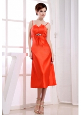 Spaghetti Straps Tea-length Column Orange Red Prom Dress Taffeta