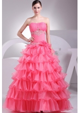 Appliques and Ruching Decorate Bodice Ruffled Layers Watermelon Red 2013 Prom Dress