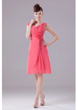Ruched and Hand Made Flower Knee-length Straps Chiffon A-Line Watermelon Bridesmaid Dress