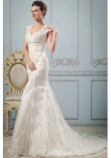 Luxurious Mermaid 2013 V-neck Wedding Dress With Lace and Beading
