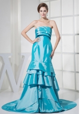 Ruffled Layers Decorate Bodcie Prom Dress For Formal Evening Aqua Blue Brush Train