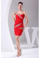 Beading and Ruching Decorate Bodice Red Chiffon Spaghetti Straps Mini-length 2013 Prom Dress