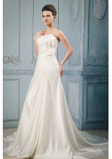 Elegant Wedding Dress With A-line Appliques and Beading Ruching Bow Chapel Train