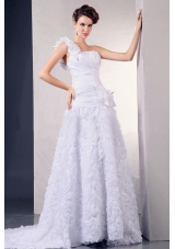 2013 Wedding Dress With One Shoulder Hand Made Flowers Fabric With Rolling Flowers Court Train For Custom Made