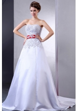 2013 Luxurious Wedding Dress With Appliques and Red Sash Court Train For Custom Made