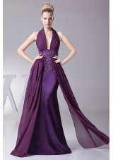 Sexy Purple Prom Dress With Halter Ruch and Appliques