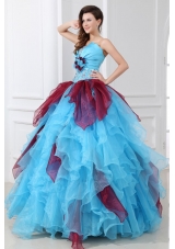 Aqua and Wine Red Strapless Beading and Ruche Quinceanera Dress