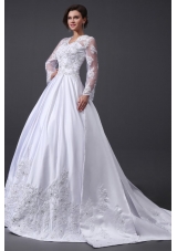A-Line V-Neck Appliques 2014 Wedding Dress with Long Sleeves