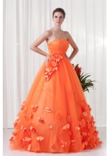 Strapless Orange Red A-line Quinceanera Dress with Hand Made Flowers