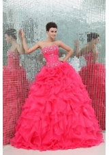 Sweetheart Beading and Ruffles Organza Coral Red Quinceanera  Dress