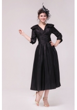 A-line V neck Black Tea-length Ruching Prom Dress with Half Sleeves
