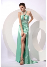 Apple Green Column Brush Train Beading Elegant Criss Cross Elastic Woven Satin  Prom Dress with Halter