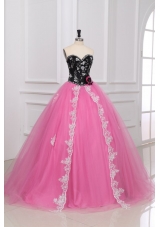 Beading and Appliques Sweetheart Quinceanera Dress in Black and Rose Pink
