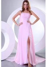 Beading and Ruche One Shoulder Baby Pink Watteau Train Prom Dress