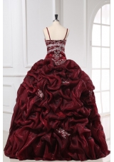 Burgundy Spaghetti Straps Appliques and Pick-ups Long Quinceanera Dress