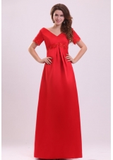 Empire V-neck Short Sleeves Appliques Satin Prom Dress in Red