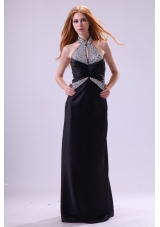 Fashionable Black Column Halter Top Neck Prom Dress with Beading