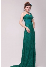 Informal Column One Shoulder Floor-length Lace Green Prom Dresses