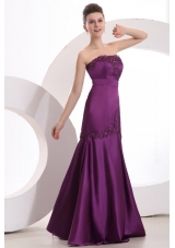 Mermaid Strapless Purple Floor-length Satin Prom Dress with Appliques