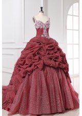 Spaghetti Straps Appliques and Pick-ups Quinceanera Dress in Burgundy