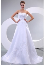 Strapless A-line Sweep Train Wedding Dress with Appliques and Beading