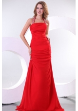 A-line Red Halter Top Neck Beaded Decorate Prom Dress with Side Zipper