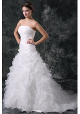 A-line Strapless Organza Wedding Dress with Flower and Ruffles Layered