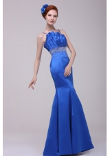 Beautiful Column Blue Straps Floor-length Taffeta Prom Dress with Beading