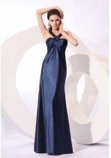 Empire Halter Navy Blue Beading Long Elastic Woven Satin Prom Dress