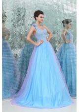 Lovely Princess One Shoulder Beading Tulle Floor-length Blue Prom Dress