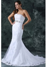 Mermaid Strapless Beading and Lace Tulle and Taffeta Wedding Dress with Court Train
